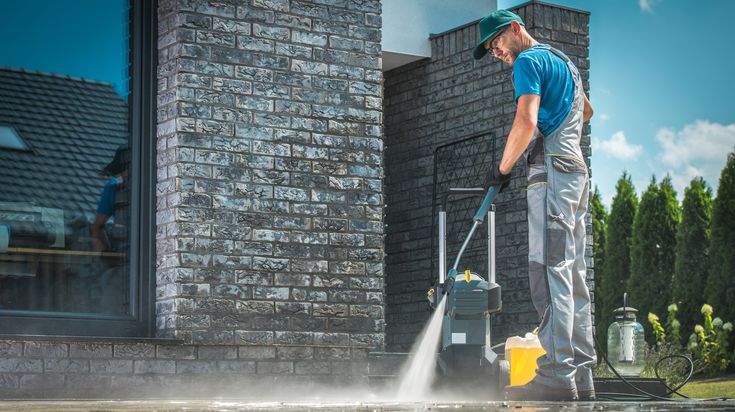 pressure,washer,cleaning,in,front,of,the,house.,caucasian,men