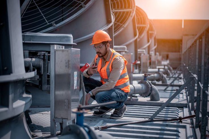 industry engineer under checking the industry cooling tower air conditioner is water cooling tower air chiller hvac of large industrial building to control air system
