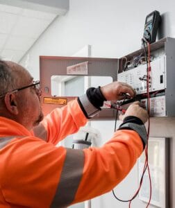a fire alarm control panel being inspected and tested by a technician