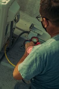 Commercial chiller unit on a rooftop plant room