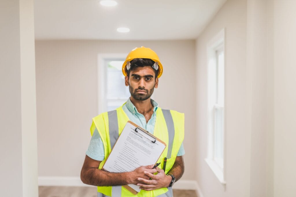 Facility manager reviewing building maintenance data on a tablet